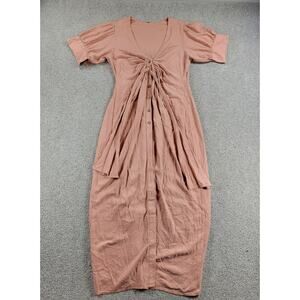 Free People Cinched Flowy Dress S Pink Deep V Neck Puff Sleeve Button Front